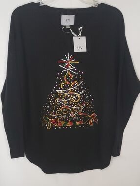 LIV Milano Rhinestone Christmas Tree Black Sweater, Medium